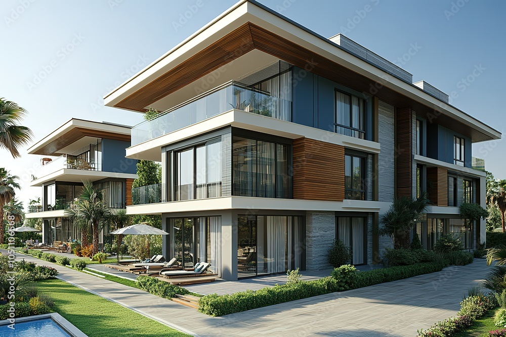 Modern, luxurious villas bathed in the warm glow of the afternoon sun. Modern, luxurious villas bathed in the warm glow of the afternoon sun.