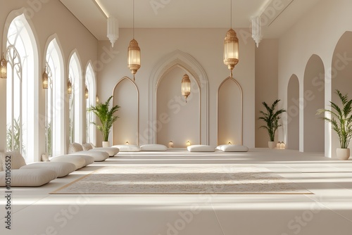 A luxurious living room with Islamic-inspired geometric patterns on cushions and rugs  minimalist decor  and elegant hanging lanterns  with copy space. Bright lighting. Modern background.