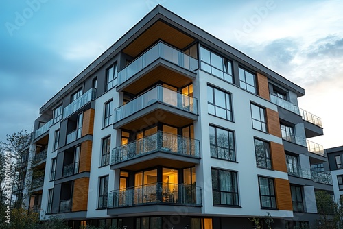 A modern apartment building at dusk.