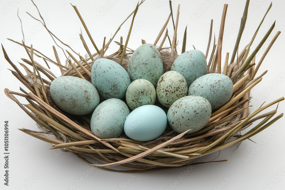Obraz premium Teal duck eggs in a reed and cattail nest: Immerse yourself in the tranquil beauty of a wetland haven