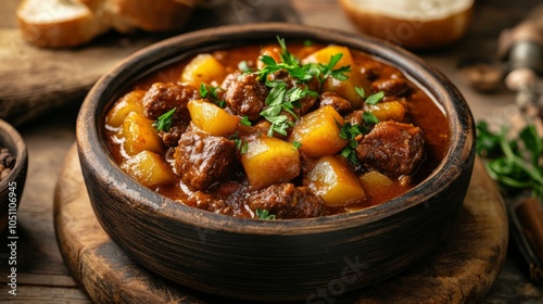 Rustic Goulash with Bread in Soft Focus Background