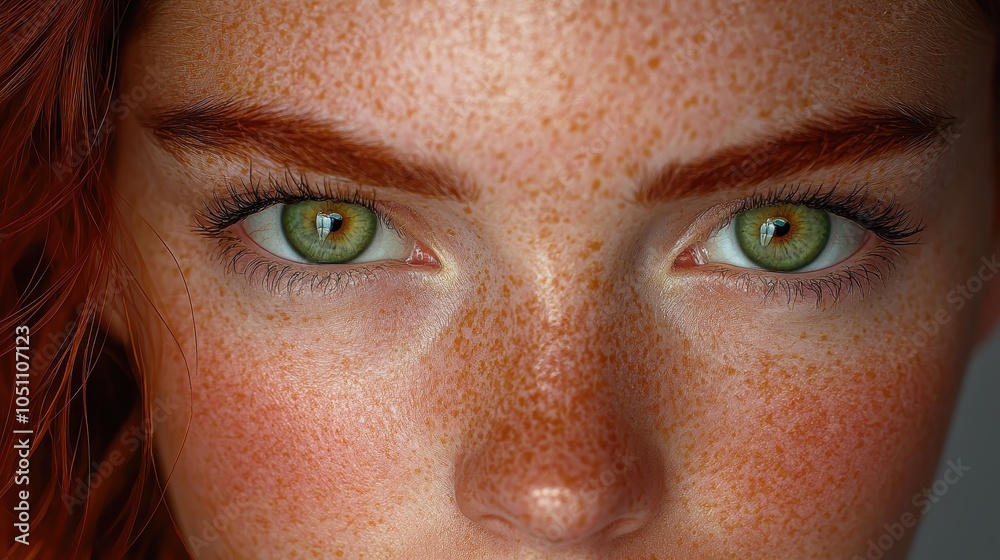 Fototapeta premium Close-Up Portrait of a Person with Freckles and Green Eyes Capturing Intense Gaze and Unique Facial Features