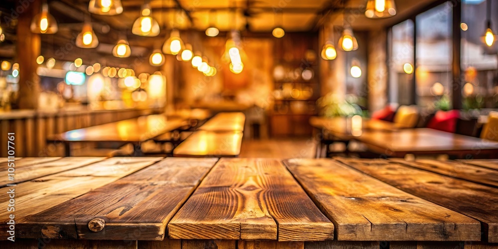 Rustic Wooden Tabletop with a Blurred Background of a Cozy Interior Decorated with Warm Lighting and Comfortable Seating Rustic Wooden Tabletop with a Blurred Background of a Cozy Interior Decorated with Warm Lighting and Comfortable Seating