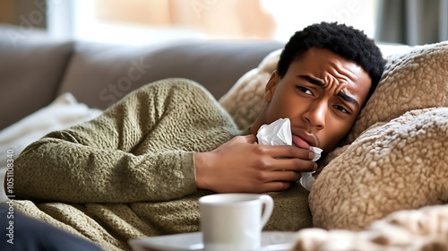 A young adult resting on a sofa with a hot drink and tissues nearby, holding their chest as they cough, representing symptoms and home care for mild pneumonia  photo