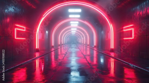 rendering of an empty dark futuristic sci-fi hall features illuminated lights and neon light reflecting on the surface for dramatic effect.image