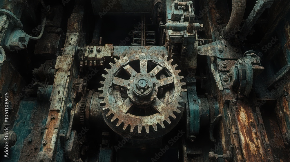 Rusty Gearwheel and Machine Parts in an Abandoned Factory Rusty Gearwheel and Machine Parts in an Abandoned Factory