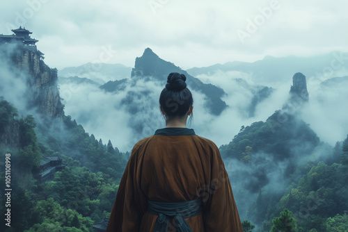 Graceful Wuxia Martial Artist in a Flowing Robe Standing with Their Sword photo