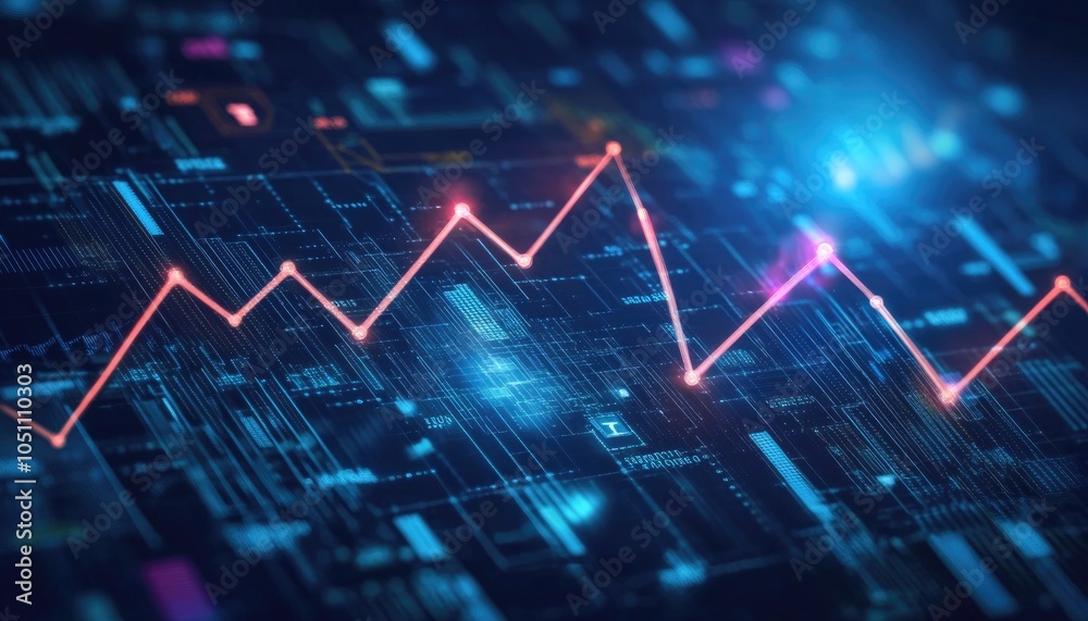 Data Visualization: Digital Line Graph with Glowing Points on Blue Background Data Visualization: Digital Line Graph with Glowing Points on Blue Background
