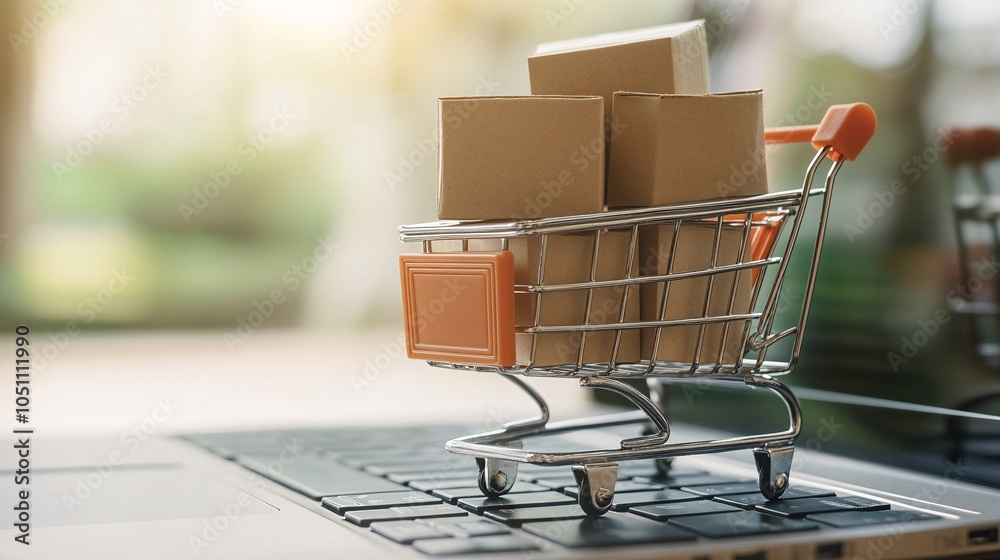 A shopping cart filled with cardboard boxes on a laptop keyboard, symbolizing online shopping and ecommerce transactions. A shopping cart filled with cardboard boxes on a laptop keyboard, symbolizing online shopping and ecommerce transactions.