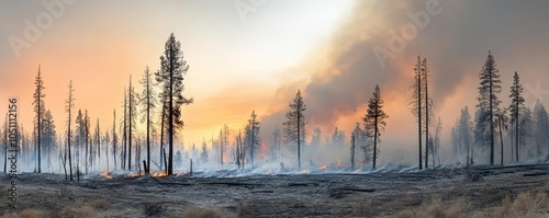 Charred forest remains after wildfire, smoke rising from smoldering trees, a desolate and haunting landscape under a dramatic sunset photo