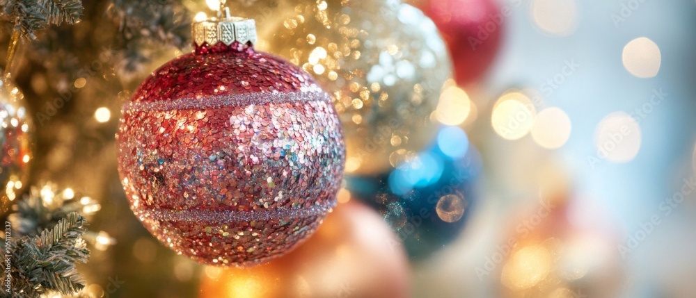 Obraz premium Pink Glitter Christmas Ornament on a Christmas Tree