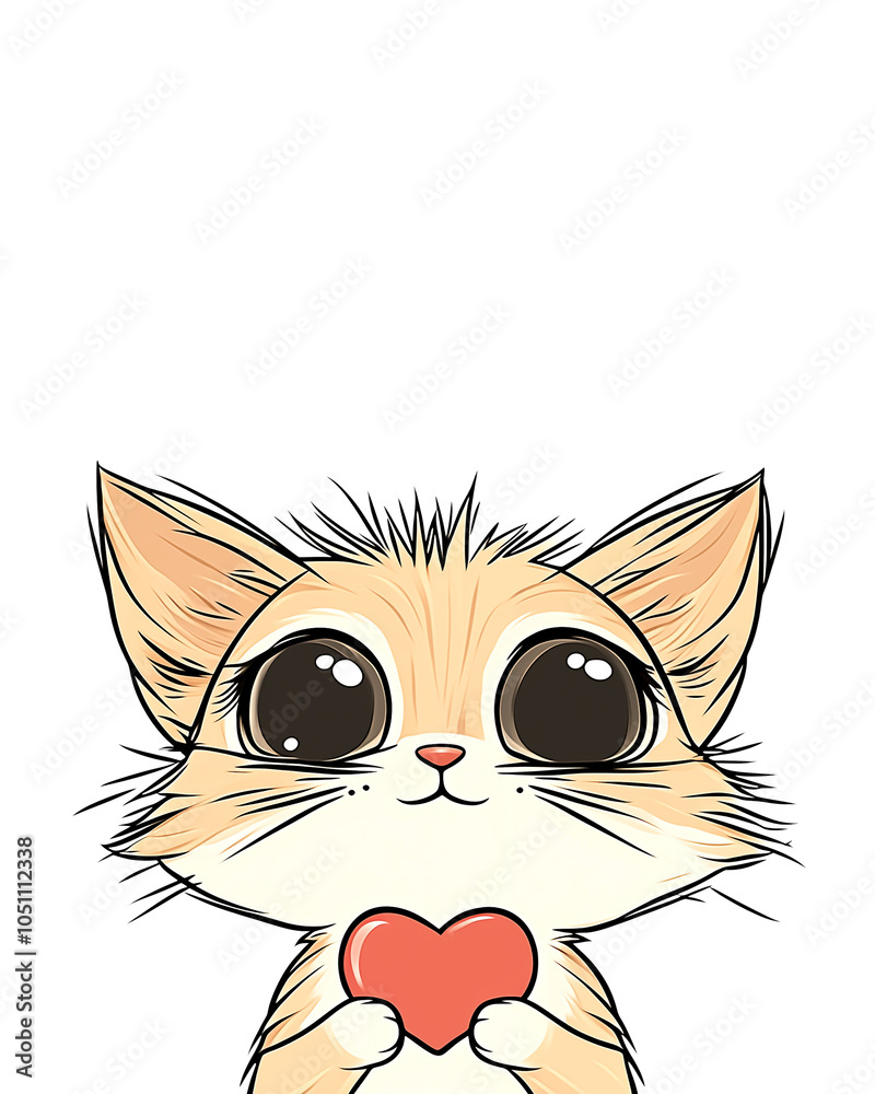Fototapeta premium A cute cat is holding a heart in its mouth. The cat is looking at the camera with a smile on its face. Concept of warmth and affection, as the cat is holding a symbol of love