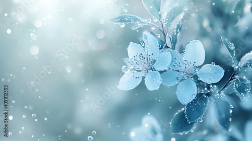 Delicate blue flowers with raindrops on petals, softly blurred background creating a serene and tranquil atmosphere.