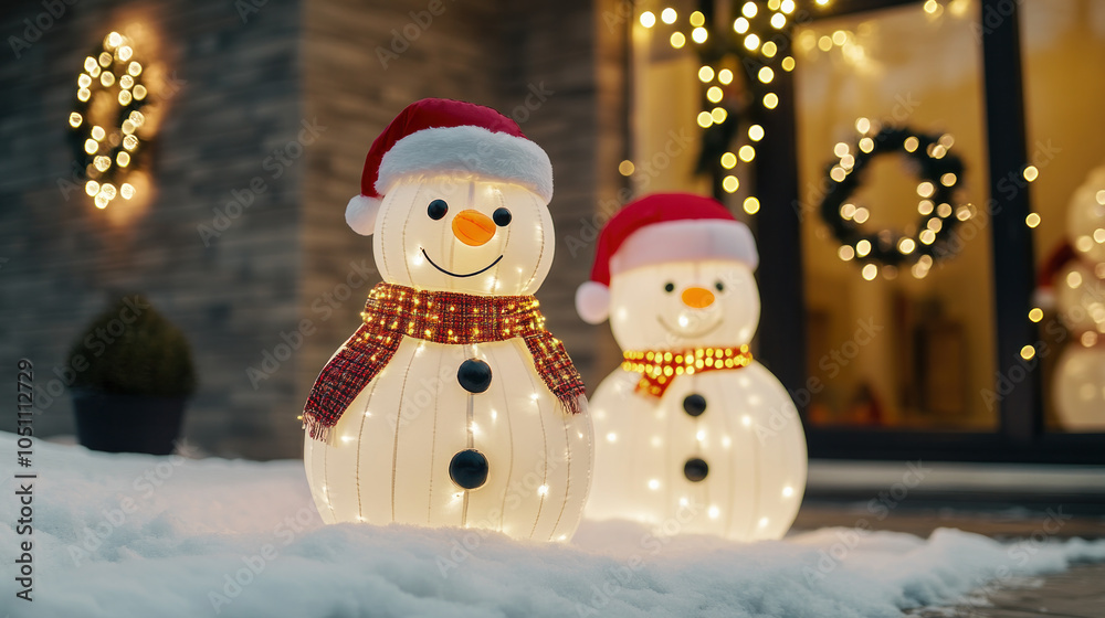 Two snowmen with hats and scarves are standing on a snowy ground. The snowmen are lit up and appear to be smiling Two snowmen with hats and scarves are standing on a snowy ground. The snowmen are lit up and appear to be smiling