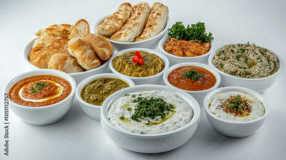 Assorted Mezze Dips and Bread in Minimalist Style Assorted Mezze Dips and Bread in Minimalist Style