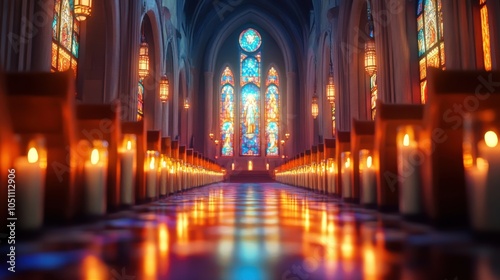 Illuminated church interior with stained glass windows and candles creating a serene atmosphere