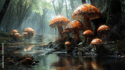 Enchanted Forest with Giant Mushrooms and Stream photo