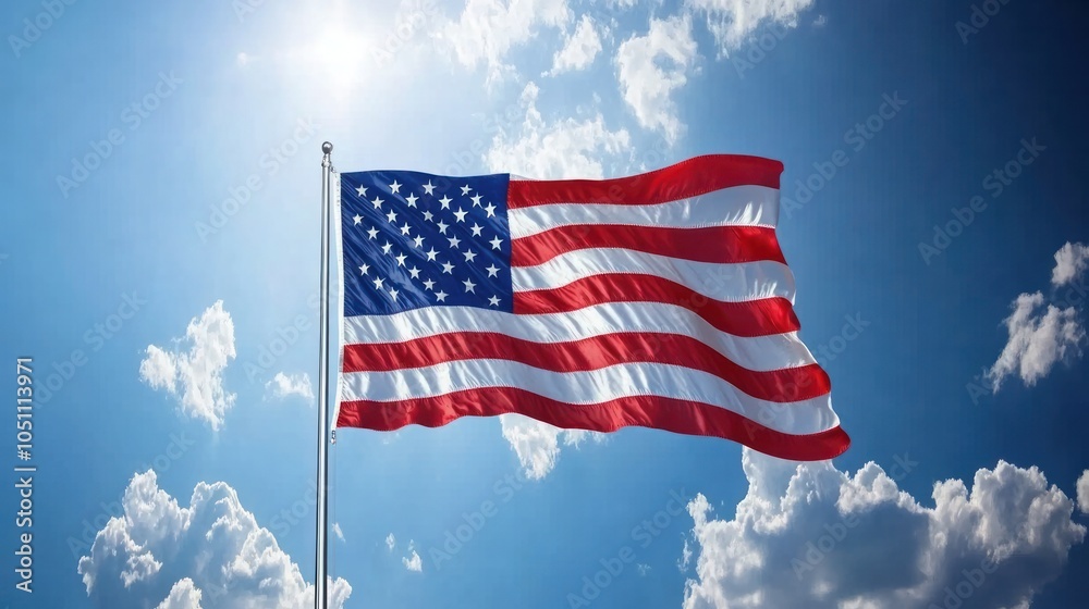 Obraz premium A large American flag waves in the wind against a bright blue sky with white clouds,