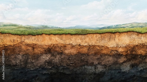 A cross-section of soil layers showing the rich texture and colors of earth, grass on top, revealing the depths of the ground beneath.
