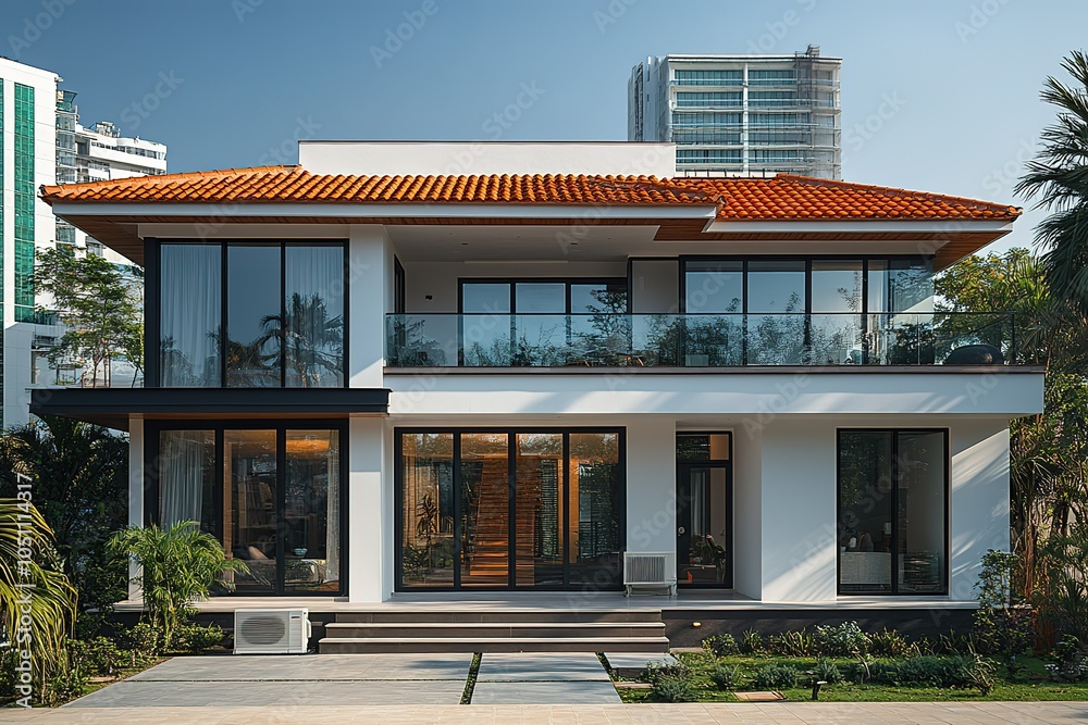 Modern two-story home with a terracotta roof and large windows. Modern two-story home with a terracotta roof and large windows.