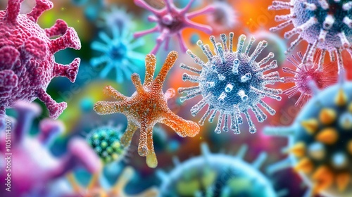 A vibrant close-up view of colorful viruses and microorganisms, showcasing intricate details and textures under a luminous background. photo