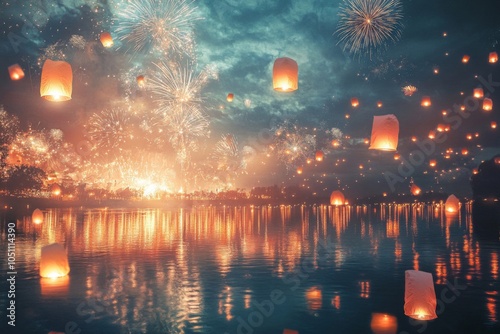 Fireworks and Sky Lanterns Reflecting on a Calm Lake at Night photo