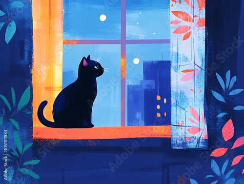 Illustration art of a cat standing by an open window photo