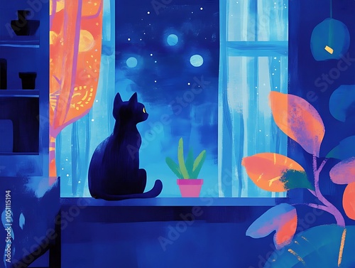 Illustration art of a cat standing by an open window photo