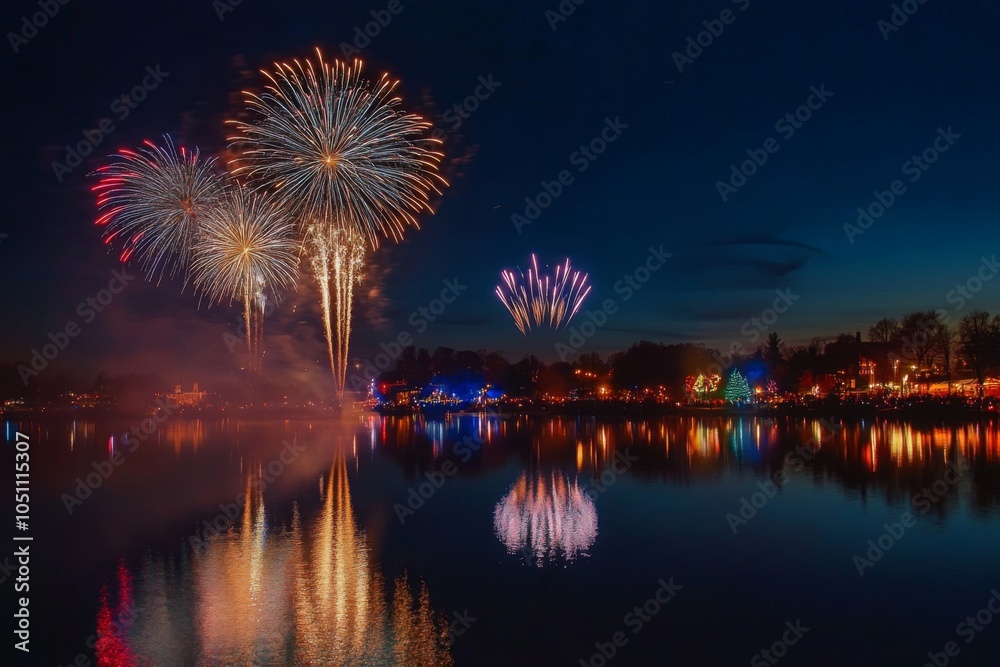Fototapeta premium Fireworks Display Over a Lake at Night