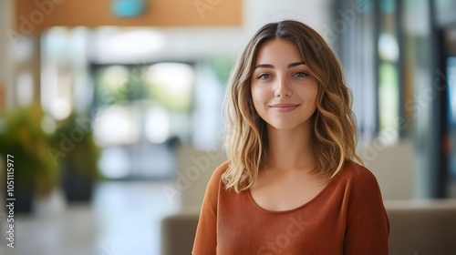 Cheerful and confident young brunette woman with an inviting smile,posing in a relaxed indoor setting. This image conveys a sense of warmth,happiness,and a friendly,approachable personality.