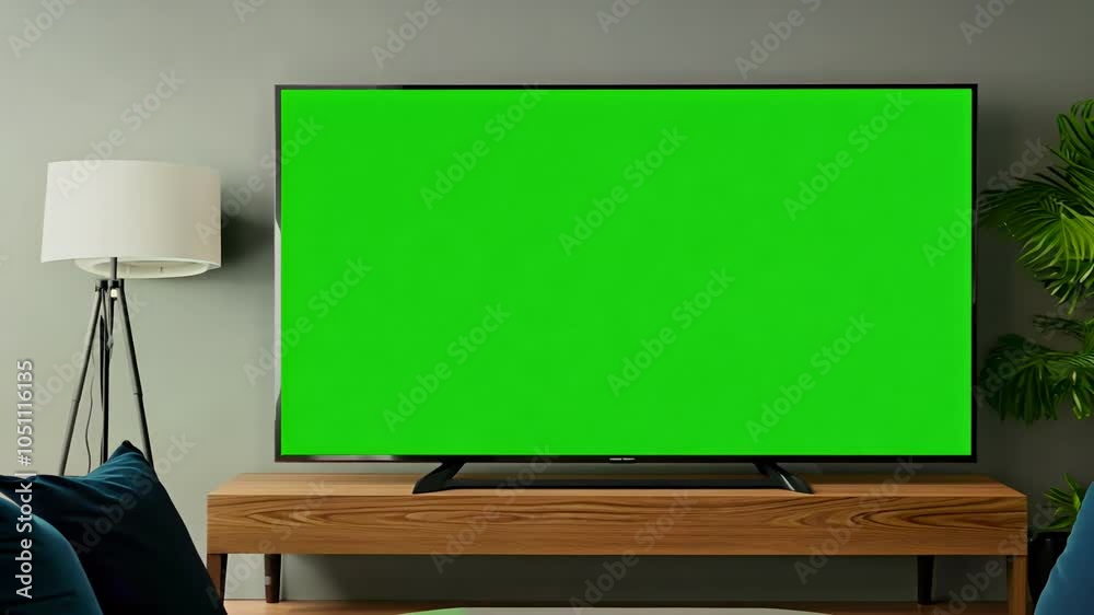 A mockup smart TV screen blank green background set living room ideal preparing watch movies videos internet crisp 4K resolution television wall modern viewing monitor lcd olated empty