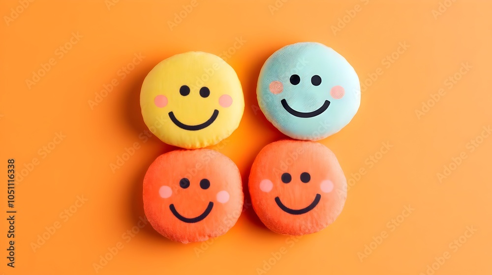 Obraz premium Cheerful Smiling Emoticons or Emoji Icons in Bright Orange Color,Simple Playful Digital Graphic Design with Minimal Geometric Shapes on Contemporary Vibrant Background