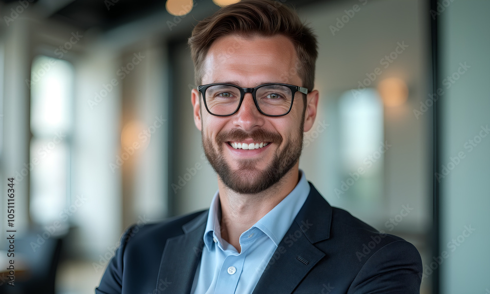 A young man in a suit smiles confidently in a contemporary office environment. He exudes professionalism and approachability with his glasses and well-groomed appearance - Generative AI