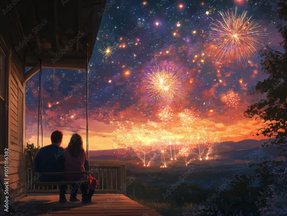 Couple on a Porch Swing Watching Fireworks Display Couple on a Porch Swing Watching Fireworks Display