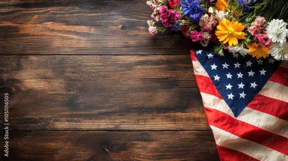 Obraz premium A large American flag waves in the wind against a bright blue sky with white clouds,