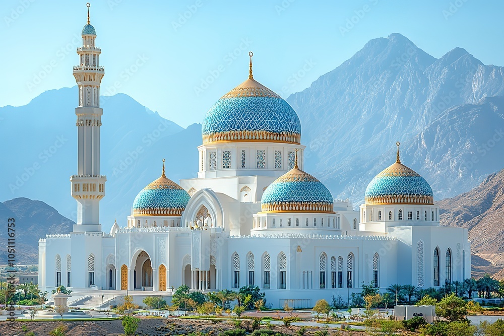 Obraz premium A white mosque with blue and gold domes sits at the foot of hazy, blue mountains.