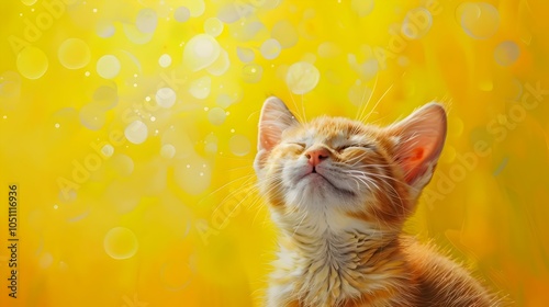 A playful,orange tabby cat joyfully frolicking and prancing in a vibrant,sunny yellow background,radiating pure happiness and contentment. photo