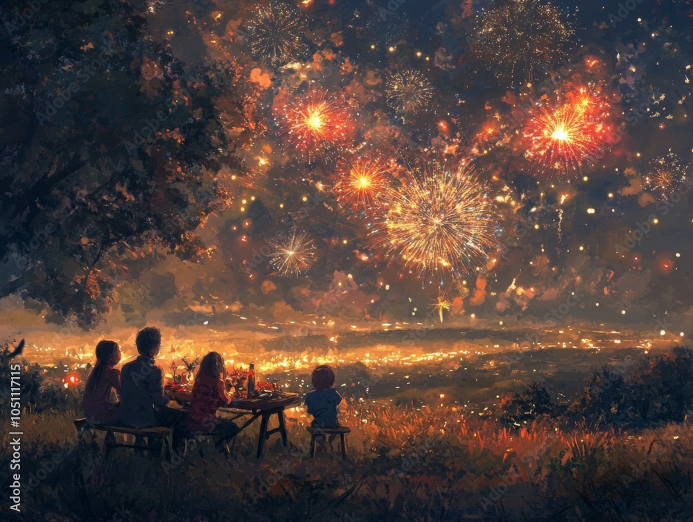 Family Picnic under a Fireworks Display Family Picnic under a Fireworks Display