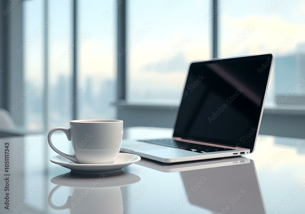 White coffee cup with laptop on office table for business concept, in clean office, White coffee cup with laptop on office table for business concept, in clean office,