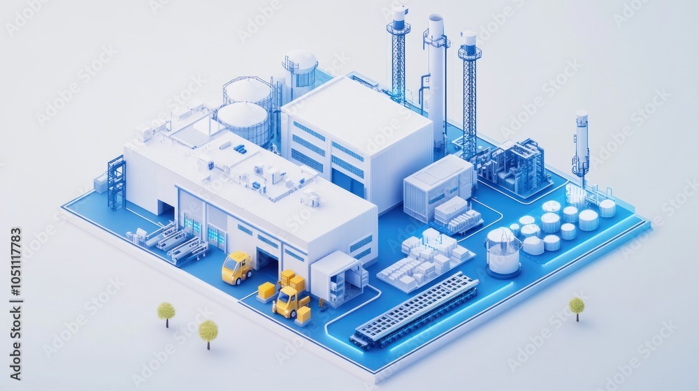 Data visualization concept with 3D stylized blue and white schematic smart factory, Data visualization concept with 3D stylized blue and white schematic smart factory,