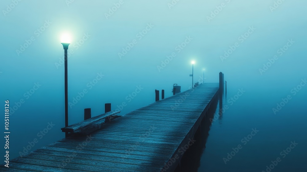 Mysterious fishing scene at foggy pier with soft light from a light box creating a moody atmosphere with swirling mist.