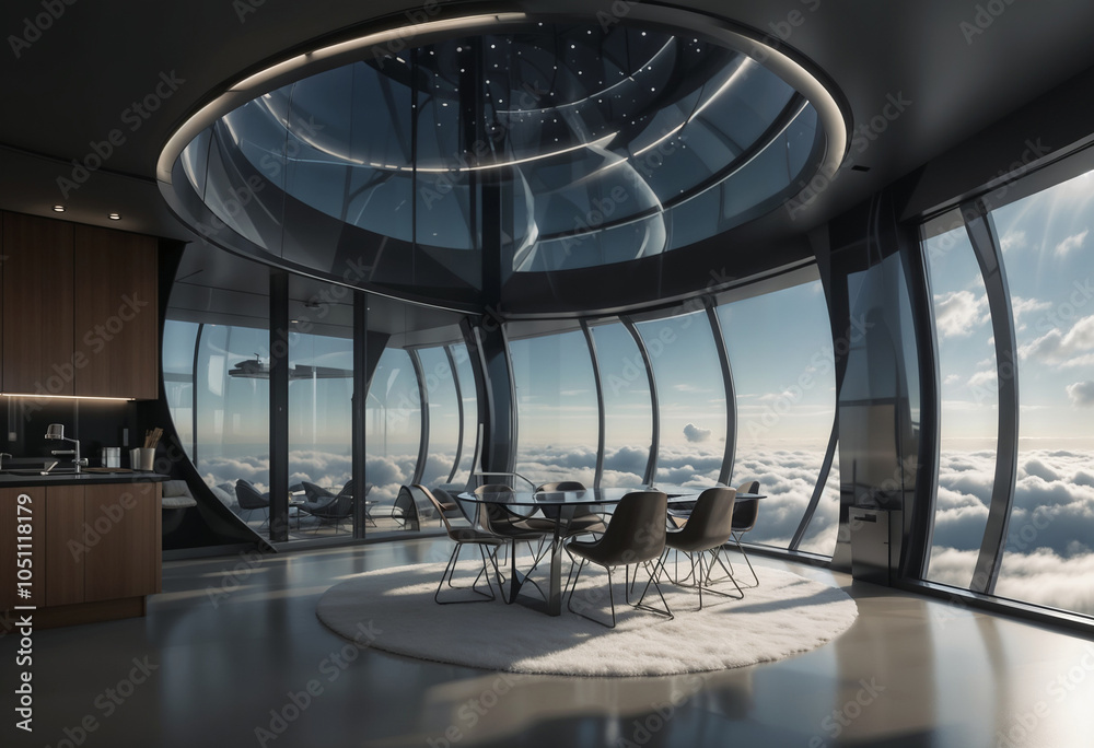 flying apartment, modern, futuristic, literally flying over the clouds, curved architecture, glass walls, inside view flying apartment, modern, futuristic, literally flying over the clouds, curved architecture, glass walls, inside view