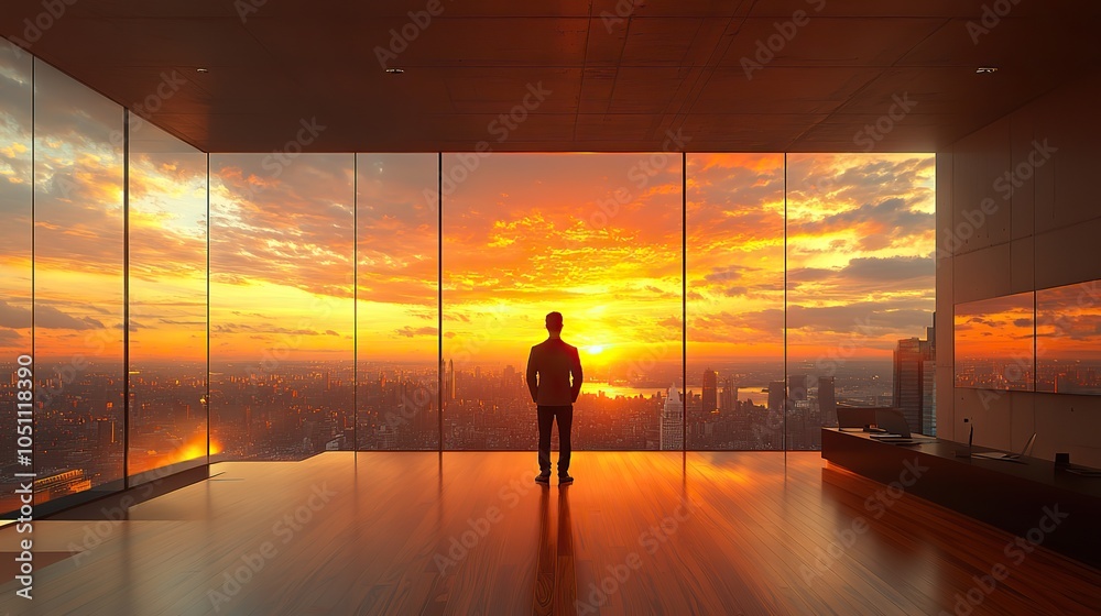 businessman standing in front of table, gazing at large windows in modern office space with wooden floors.stock photo businessman standing in front of table, gazing at large windows in modern office space with wooden floors.stock photo