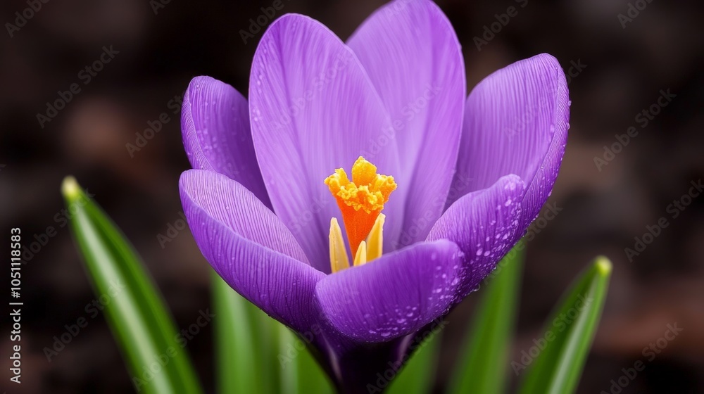 A vibrant purple crocus flower blooms against a dark background, showcasing its delicate petals and bright orange stamen. A vibrant purple crocus flower blooms against a dark background, showcasing its delicate petals and bright orange stamen.