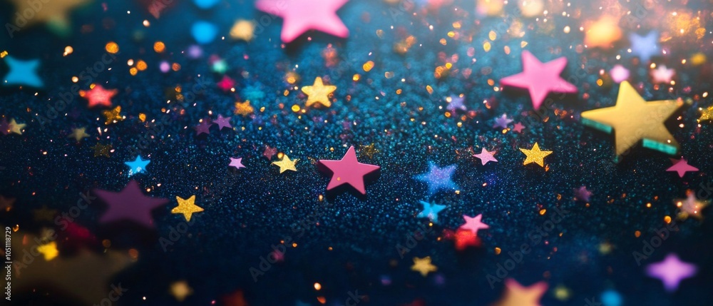 Colorful Star Confetti Scattered on a Blue Glittery Background Colorful Star Confetti Scattered on a Blue Glittery Background