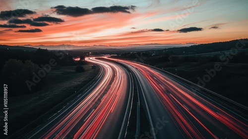 Long exposure capturing red and white light trails from passing cars on a busy highway during sunset,