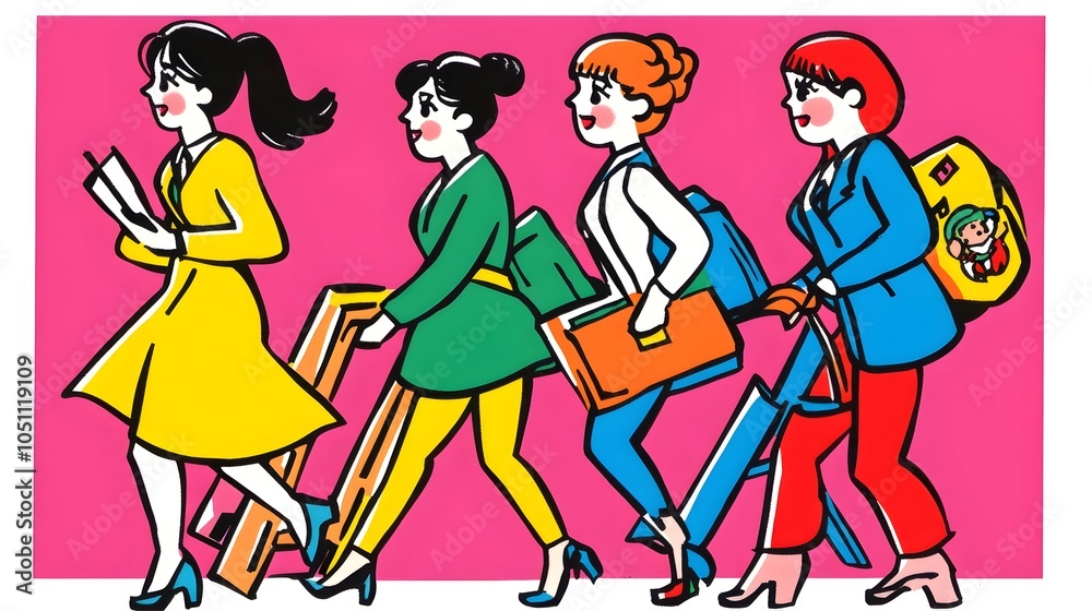 Naklejka premium of a diverse group of professional women walking together in a colorful,vibrant urban setting. The women are dressed in different fashionable styles representing different careers and backgrounds.