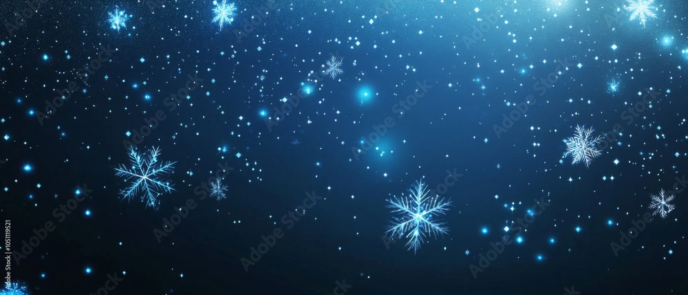 Obraz premium Glowing Blue Snowflakes Falling on a Dark Background