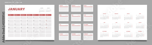 Set of 2025 Pages Monthly Calendar Planner Templates and annual. Vector pages for wall or desk minimalist calendar with week start on Monday for printing. Page size A4-21x29.7 cm
