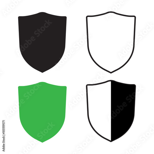 Shield icons set. Four color variations. Security and defense symbols. Vector illustration.